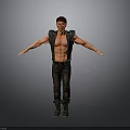 A Shirtless Man Wearing Black Sleeveless Vest And Pants With Arms Outstretched Against Gray Background