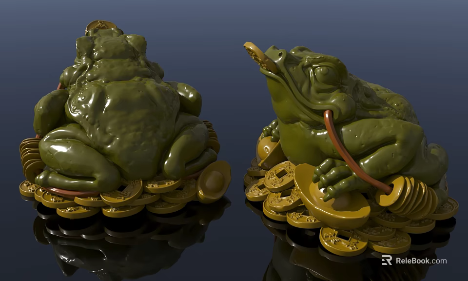 Feng Shui Decorative Ornament Set with Green Toads Gold Coins and Gold Ingots 3d model 