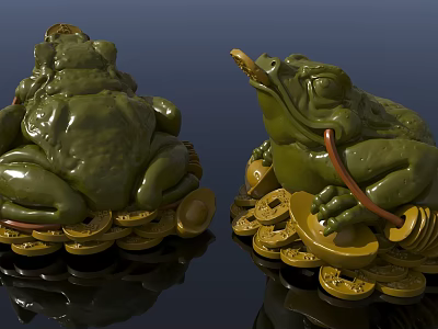 Feng Shui Decorative Ornament Set with Green Toads Gold Coins and Gold Ingots 3d model