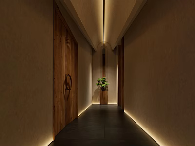 Elegant Hotel Corridor With Wooden Doors Recessed Lighting Green Plant And Dark Flooring 3d model