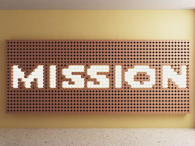 Yellow Background Wall With Brown Grid Pattern Panel And White Blocks Forming MISSION 3d model