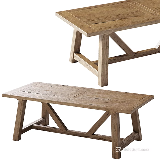 Solid Wood Rustic Dining Table With Cross Leg Design And Matching Wooden Bench Natural Finish 3d model 