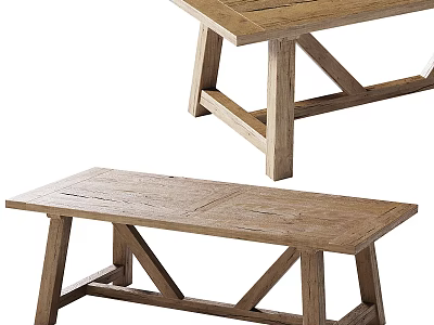 Solid Wood Rustic Dining Table With Cross Leg Design And Matching Wooden Bench Natural Finish 3d model