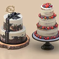 Two Decorative Cakes With Black Bow Layered Fruit Toppings On Wooden And Black Trays