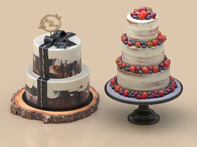 Two Decorative Cakes With Black Bow Layered Fruit Toppings On Wooden And Black Trays 3d model