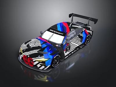 Sleek Race Car With Colorful Geometric Livery And Rear Wing Design 3d model
