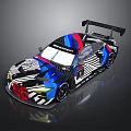 Sleek Race Car With Colorful Geometric Livery And Rear Wing Design