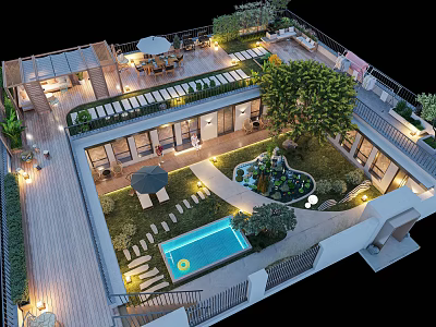 Garden Landscape Design With Pool Wooden Deck Trees Lighting And Seating Area 3d model