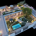 Garden Landscape Design With Pool Wooden Deck Trees Lighting And Seating Area
