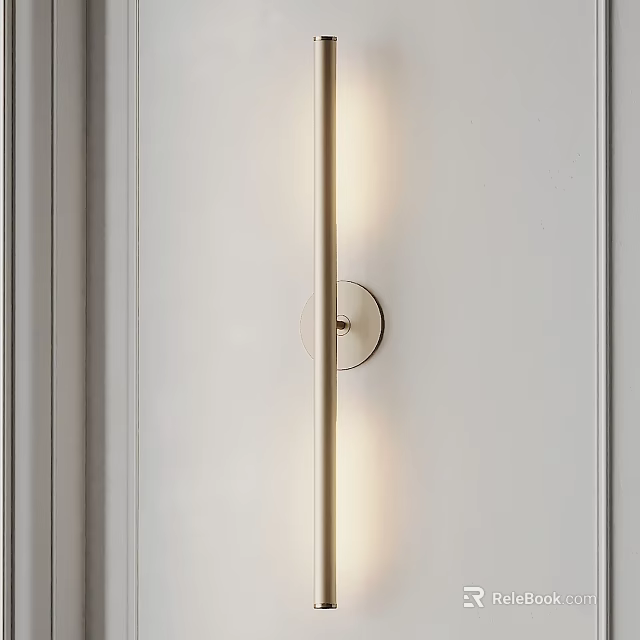 Modern Minimalist Wall Lamp On White Paneled Wall With Warm Illumination And Circular Metal Base 3d model 