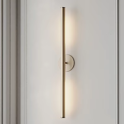 Modern Minimalist Wall Lamp On White Paneled Wall With Warm Illumination And Circular Metal Base 3d model