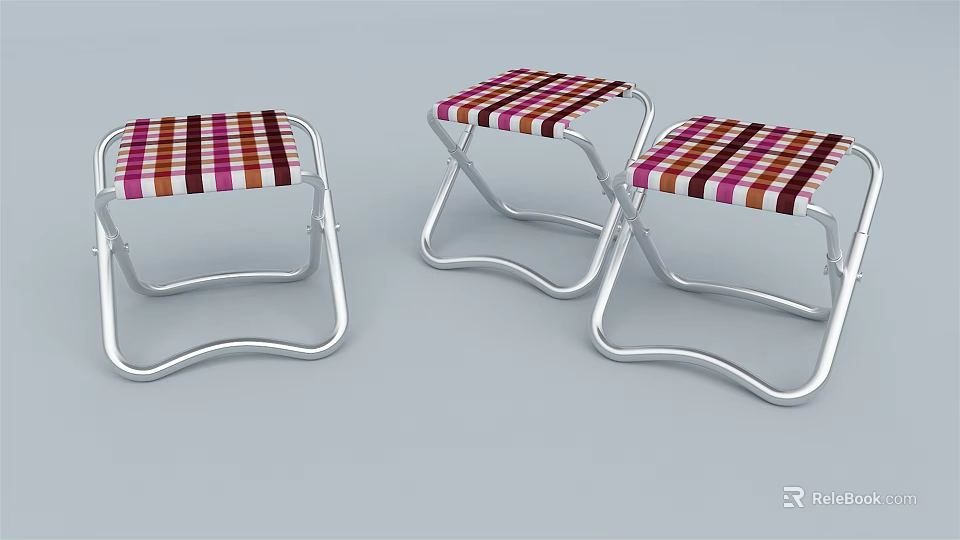 Folding Stools With Striped Red Purple Seats And Silver Metal Frames 3d model