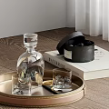 Decorative Ornament Set with Gold Tray Glass Decanter Tumblers Black Box and Book