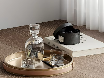 Decorative Ornament Set with Gold Tray Glass Decanter Tumblers Black Box and Book 3d model
