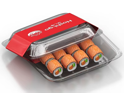 HOYO SUSHI Fresh Sushi Rolls in Transparent Plastic Container with Red Label 3d model
