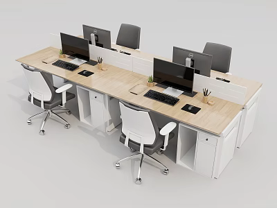 Modular Office Workstation Desk With Computer Monitors And Ergonomic Chairs 3d model