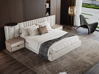 Contemporary Modern Double Bed Interior With Upholstered Headboard Nightstands Gray Rug And Accent Chair 3d model