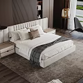 Contemporary Modern Double Bed Interior With Upholstered Headboard Nightstands Gray Rug And Accent Chair