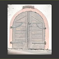 Vintage Arched Wooden Door Model With Pink Frame Metal Hinges And Light Base