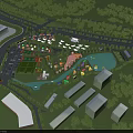 Aerial View Planning of Recreational Park With Green Spaces Water Body and Buildings