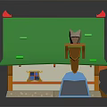 Cartoon House Scene With Green Roof Red Decorations Brown Chimney Blue Door And Stone Walls