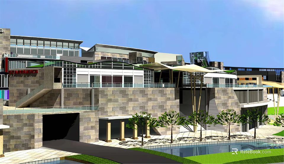 Modern Commercial Street With Contemporary Architecture Trees Open Space And Water Pool 3d model 