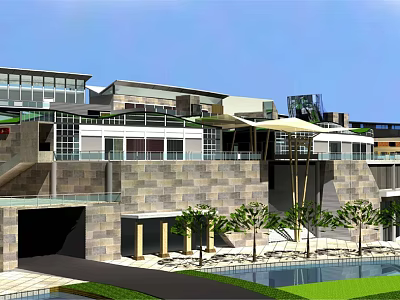 Modern Commercial Street With Contemporary Architecture Trees Open Space And Water Pool 3d model