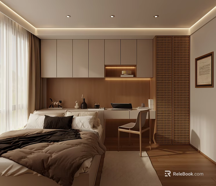 Modern Tatami Bedroom Interior With Wooden Desk Cabinets LED Strip Lights And Lattice Partition 3d model 