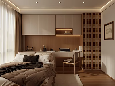 Modern Tatami Bedroom Interior With Wooden Desk Cabinets LED Strip Lights And Lattice Partition 3d model