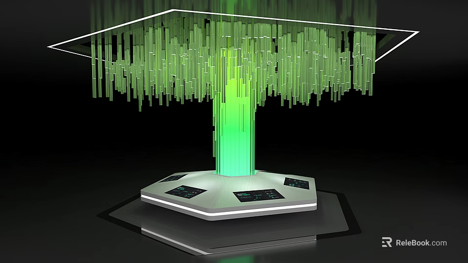 Modern Display Shelf With Green Hanging Decorations And Hexagonal White Platform 3d model 