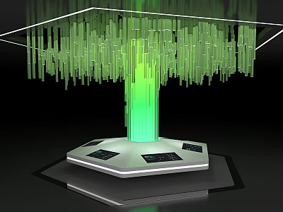 Modern Display Shelf With Green Hanging Decorations And Hexagonal White Platform 3d model