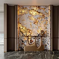 Modern Luxury Foyer Hallway With Golden Marble Accent Wall Console Table Dark Flooring