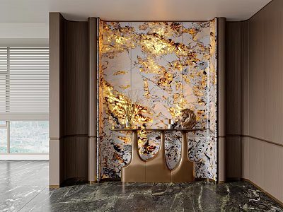 Modern Luxury Foyer Hallway With Golden Marble Accent Wall Console Table Dark Flooring 3d model