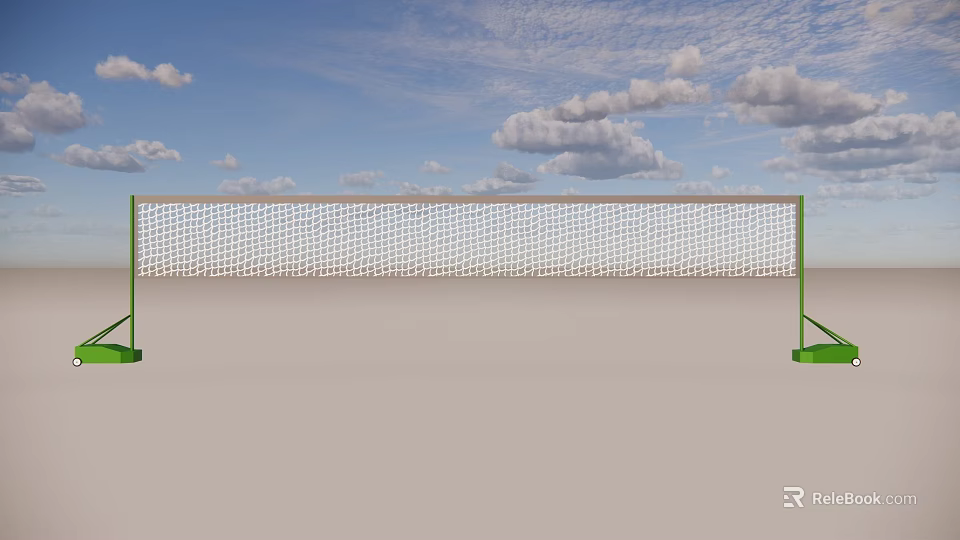 Badminton Court With Green Posts And White Net In Open Space Under Blue Sky 3d model 