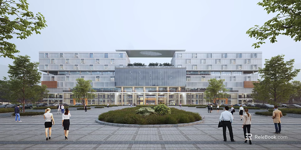 Modern Office Building Exterior With Glass Curtain Wall Plaza Greenery And Pedestrians 3d model 