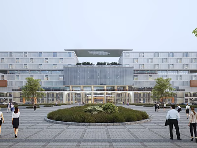 Modern Office Building Exterior With Glass Curtain Wall Plaza Greenery And Pedestrians 3d model
