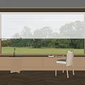 White Roller Blinds For Window In Modern Interior With Green Outdoor View And Chair