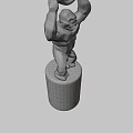White Statue With Blue Red Arms Holding Circular Object Above Head On Silver Cylindrical Base