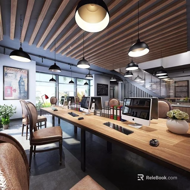 Modern Public Office Space With Wooden Long Desk Computers Pendant Lights Chairs And Green Plants 3d model 