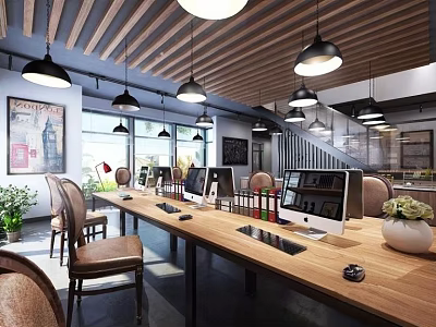 Modern Public Office Space With Wooden Long Desk Computers Pendant Lights Chairs And Green Plants 3d model