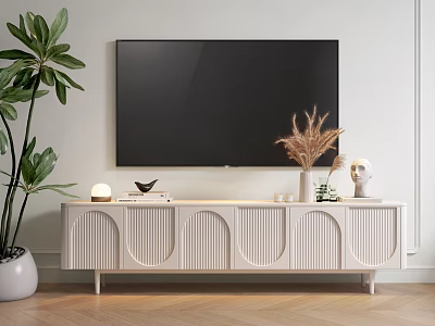 Modern Light TV Stand With Arched Panels Table Lamp Books Dried Grass Vase And Sculpture 3d model
