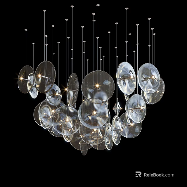 Elegant Modern Transparent Glass Chandelier With Circular And Oval Pieces Hanging Illuminated Design 3d model 