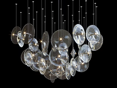 Elegant Modern Transparent Glass Chandelier With Circular And Oval Pieces Hanging Illuminated Design 3d model
