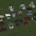 Various Styles Security Guard Booths With Umbrella Different Colors Shapes On Green Grass