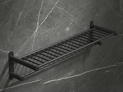 Black Bathroom Shelf With Slatted Design Wall Mounted On Marble Wall 3d model
