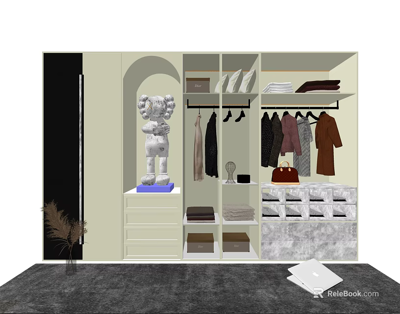 Modern Wardrobe Interior With Hanging Clothes Folded Items Handbags And Decorative Statue 3d model 