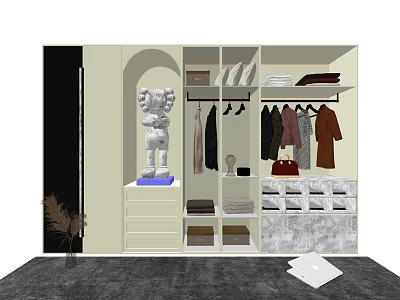 Modern Wardrobe Interior With Hanging Clothes Folded Items Handbags And Decorative Statue 3d model