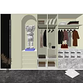 Modern Wardrobe Interior With Hanging Clothes Folded Items Handbags And Decorative Statue