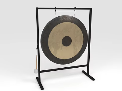 Traditional Musical Gong Instrument On Black Metal Stand With Wooden Mallet 3d model
