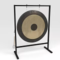 Traditional Musical Gong Instrument On Black Metal Stand With Wooden Mallet